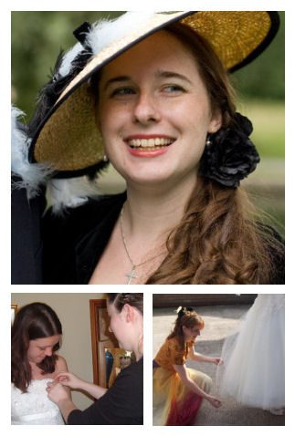 Portrait of Felicity in hat and images of Felicity fitting brides